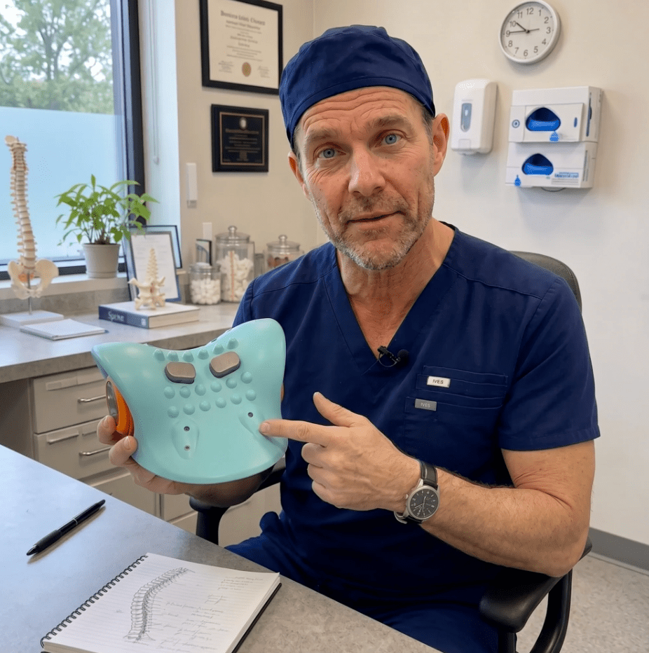 A clinician points to the Cervly cradle in his treatment room