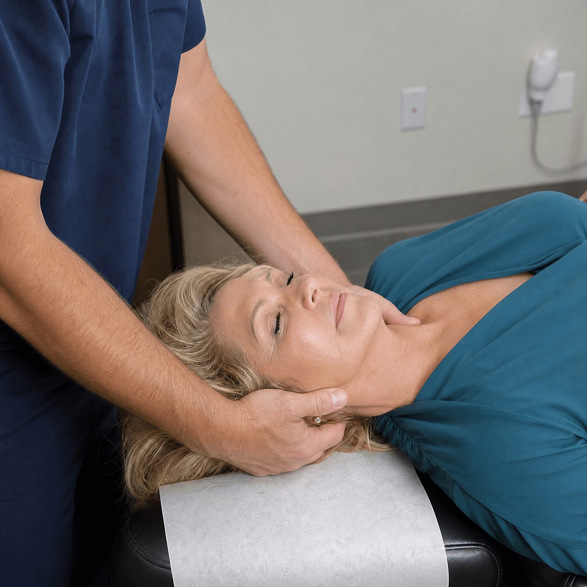 A chiropractor performs a manual cervical adjustment on a patient
