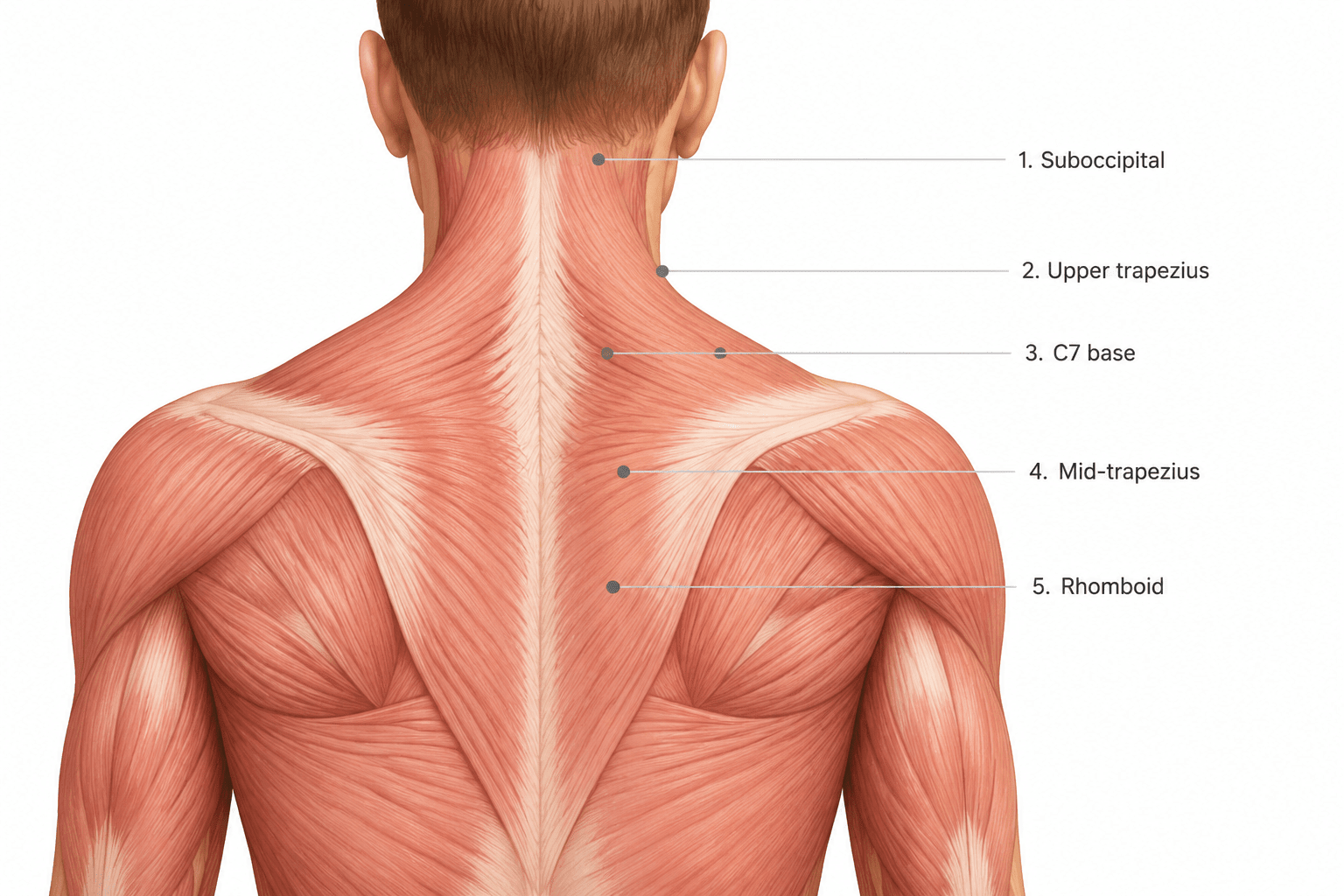 Five trouble spots — tension headaches, stiff upper neck, trapezius knots, shoulder tightness, upper-back strain