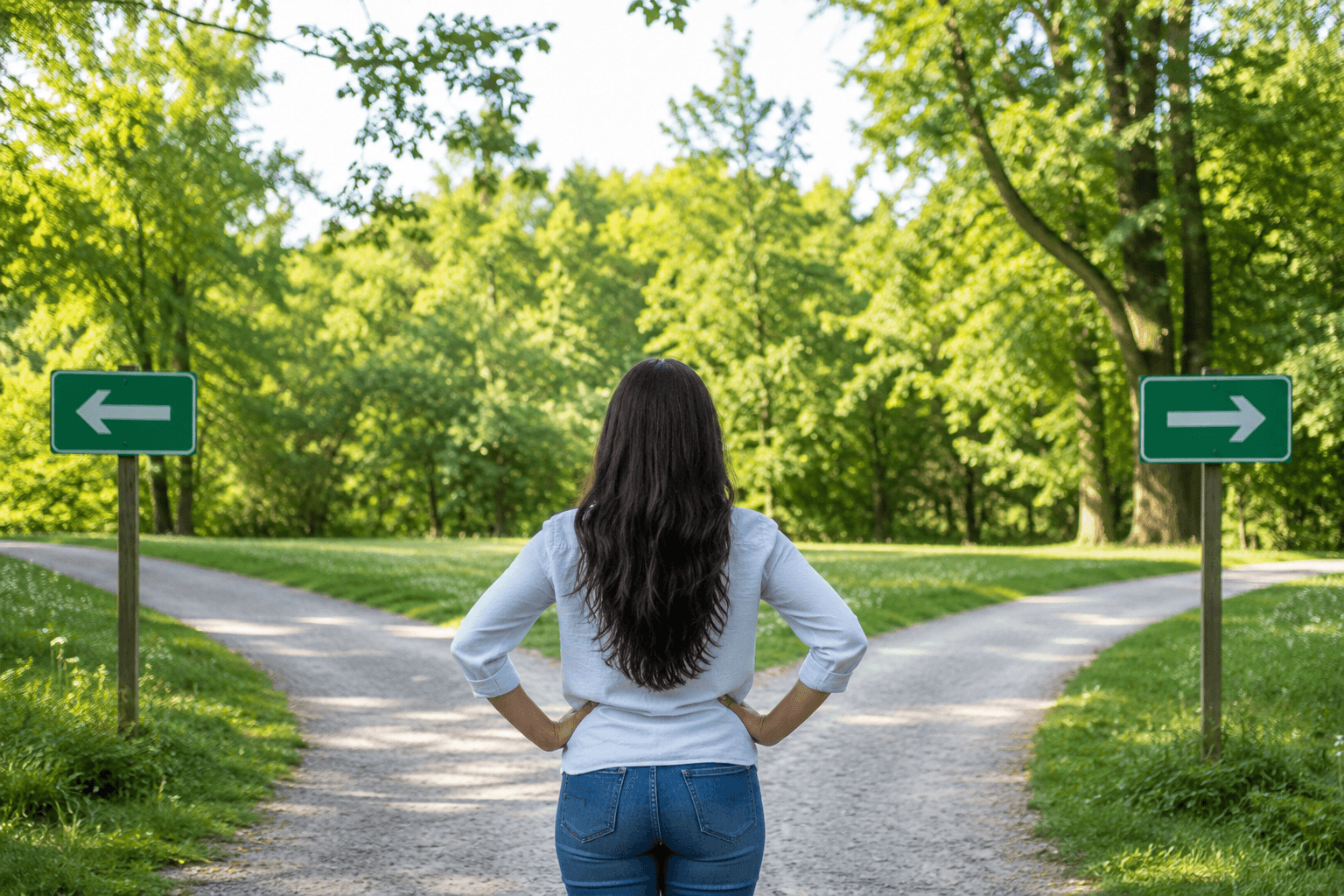 A person stands where a path forks in two directions